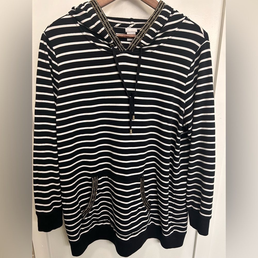 Chico's Navy and White Striped Hoodie with Gold Detail